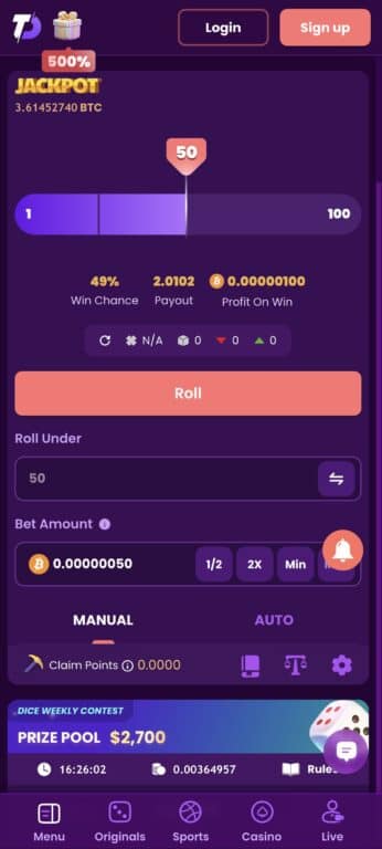 TrustDice casino dice game interface showing 3.61 BTC jackpot, slider at 50 with 49% win chance and 2.01x payout, plus weekly dice contest banner