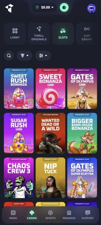 Thrill Casino mobile interface showing slots lobby with game tiles from Pragmatic Play, Hacksaw Gaming, and Sneaky Slots providers including Sweet Bonanza, Gates of Olympus, and Wanted Dead or A Wild