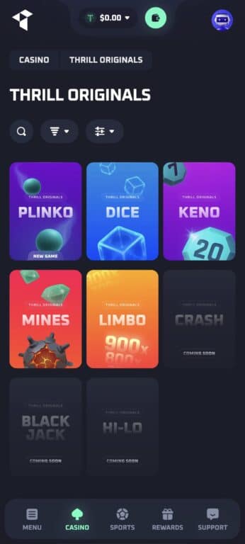 Thrill Casino Originals section on mobile showing five provably fair games: Plinko, Dice, Keno, Mines, and Limbo, with Crash, Blackjack and Hi-Lo marked as coming soon