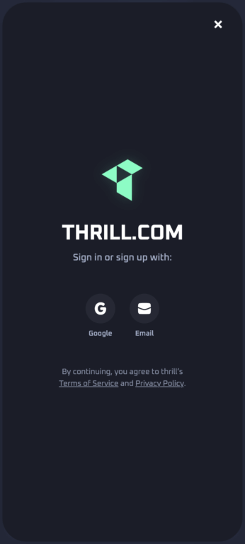 hrill Casino mobile sign-in screen showing Google and Email registration options with Terms of Service and Privacy Policy links at the bottom