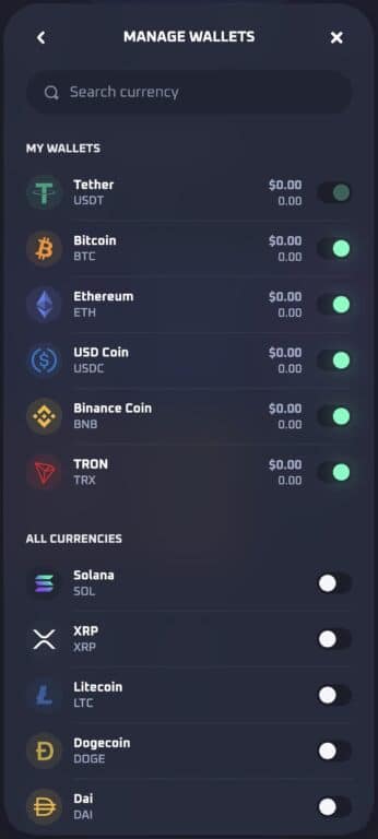 Thrill Casino mobile wallet management screen showing cryptocurrency options including Tether, Bitcoin, Ethereum, USD Coin, Binance Coin, TRON, Solana, XRP, Litecoin, Dogecoin, and Dai with toggle switches to enable each wallet
