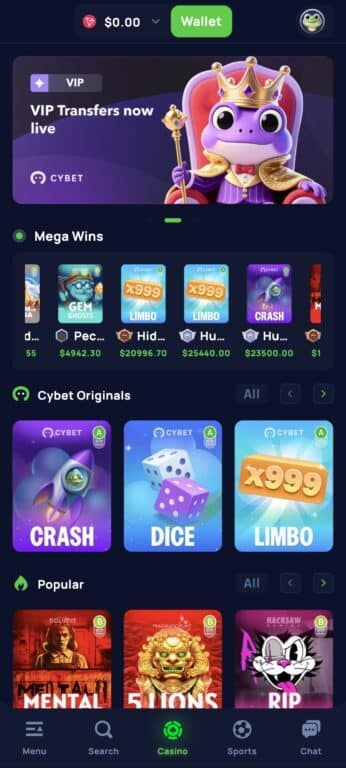 Cybet Casino mobile homepage showing VIP Transfers promotion banner, Mega Wins section with recent big wins, Cybet Originals games including Crash, Dice and Limbo, and Popular slots section