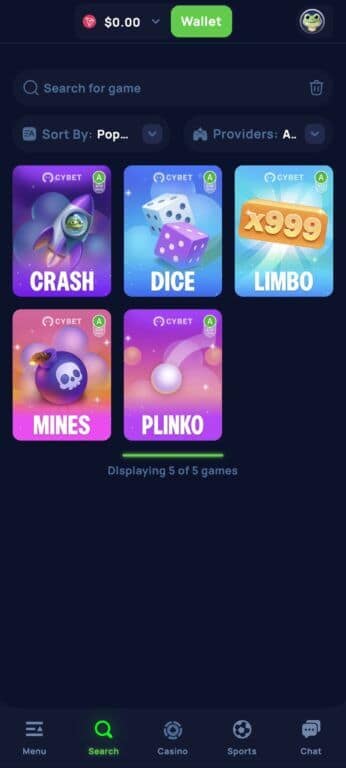 Cybet Originals game collection showing all five in-house games: Crash, Dice, Limbo, Mines, and Plinko, each displaying colorful themed graphics and Cybet branding with provably fair badges