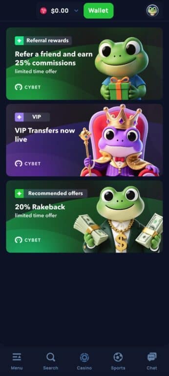 Cybet Casino promotions page showing three active offers: 25% referral commission, VIP Transfers program, and 20% rakeback, all marked as limited time offers with the frog mascot featured on each banner