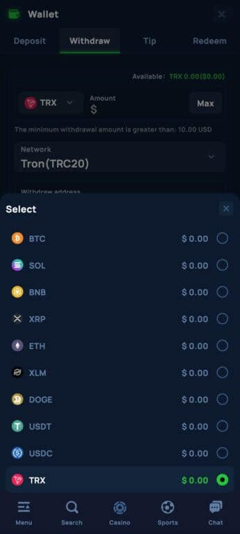 Cybet Casino withdrawal screen showing cryptocurrency selection menu with 10 supported coins: BTC, SOL, BNB, XRP, ETH, XLM, DOGE, USDT, USDC, and TRX.