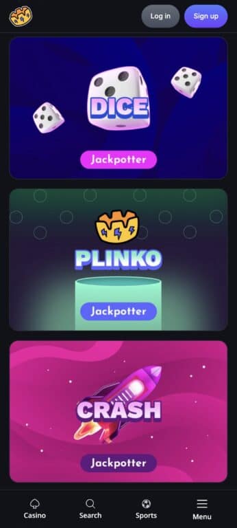 Jackpotter's original games on mobile including Dice with rolling dice on purple background, Plinko with pegs and glowing crown logo, and Crash with pink rocket ship
