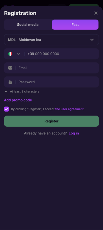 Mellstroy Casino registration form showing fast signup option with currency selector, phone number, email, and password fields