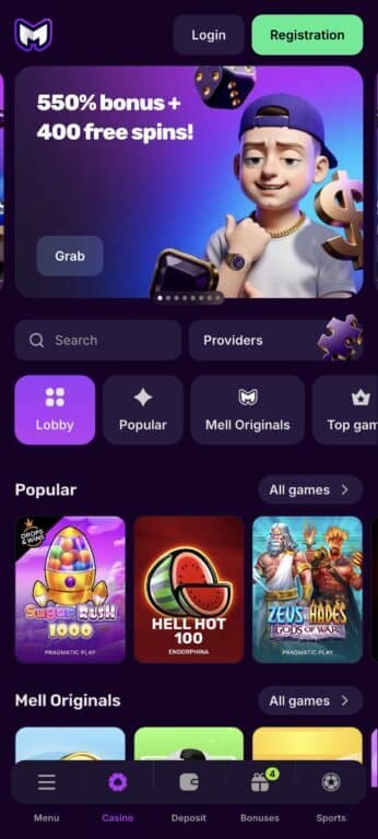 Mellstroy Casino homepage showing 550% bonus plus 400 free spins welcome offer with purple interface and game lobby