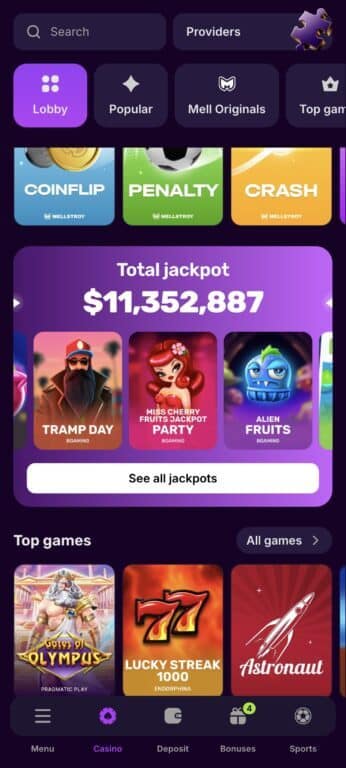 Mellstroy Casino jackpot section displaying $11,352,887 total jackpot pool with Tramp Day, Miss Cherry Fruits Party, and Alien Fruits slots