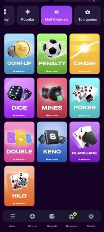 Mellstroy Casino Mell Originals section displaying all 10 proprietary instant games: Coinflip, Penalty, Crash, Dice, Mines, Poker, Double, Keno, Blackjack, and Hilo