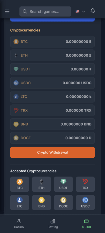 PlayBit Casino cryptocurrency wallet interface displaying zero balances across eight supported coins - Bitcoin, Ethereum, USDT, USDC, Litecoin, Tron, Binance Coin, and Dogecoin - with orange Crypto Withdrawal button and accepted cryptocurrencies icons below