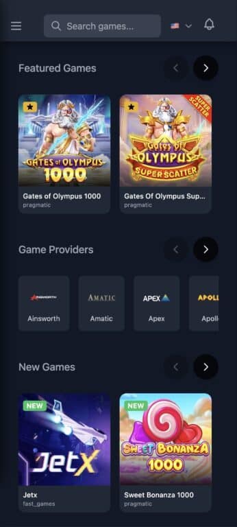 PlayBit Casino homepage showing Featured Games section with Gates of Olympus slots, Game Providers menu with logos for Ainsworth, Amatic, Apex and Apollo, and New Games section displaying JetX and Sweet Bonanza 1000