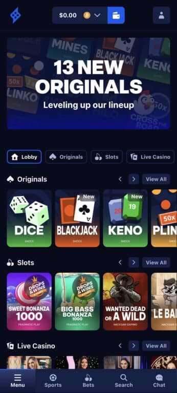 Shock Casino mobile homepage displaying 13 new original games banner, navigation tabs for Lobby, Originals, Slots, and Live Casino, with game tiles showing Dice, Blackjack, Keno, Plinko, Sweet Bonanza 1000, and other casino games