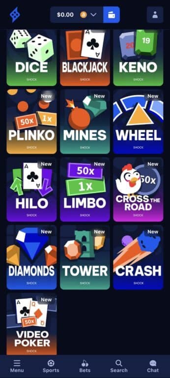 Complete grid of Shock Casino's 13 original games on mobile including Dice, Blackjack, Keno, Plinko, Mines, Wheel, Hilo, Limbo, Cross the Road, Diamonds, Tower, Crash, and Video Poker, all branded with Shock logo and most marked as New