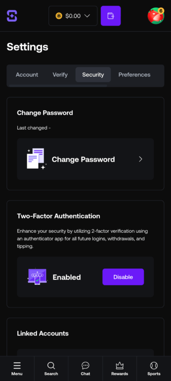 Shuffle Casino 2FA settings