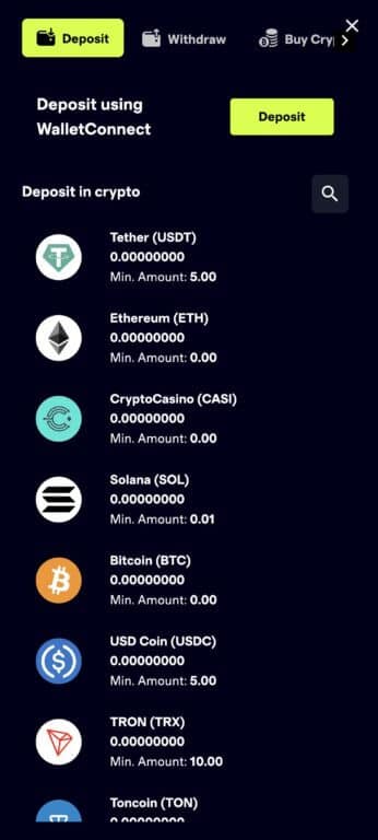 CryptoCasino deposit page showing cryptocurrency options including USDT (5.00 min), ETH (0.00 min), $CASINO token (0.00 min), SOL (0.01 min), BTC (0.00 min), USDC (5.00 min), TRX (10.00 min), and TON with WalletConnect integration