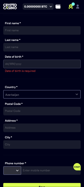 CryptoCasino KYC verification form requesting first name, last name, date of birth, country, postal code, address, city, and phone number for account verification