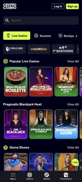 CryptoCasino live casino section featuring Playtech, Evolution, and Pragmatic Play games including Mega Fire Blaze Roulette, Immersive Roulette, Blackjack tables, and game shows