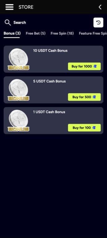 CryptoCasino loyalty store showing cash bonus rewards: 10 USDT for 1000 coins, 5 USDT for 500 coins, and 1 USDT for 100 coins, with categories for Bonus, Free Bet, and Free Spin items