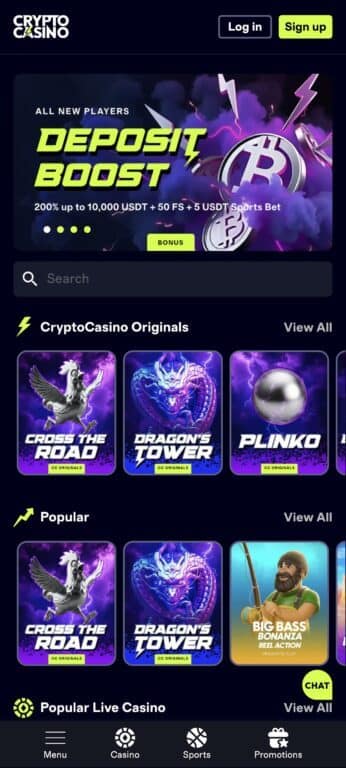 CryptoCasino mobile homepage showing 200% welcome bonus, original games like Plinko and Dragon's Tower, and live casino section