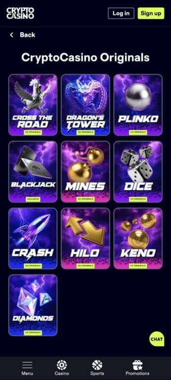 CryptoCasino Originals section showing 10 provably fair games: Cross The Road, Dragon's Tower, Plinko, Blackjack, Mines, Dice, Crash, Hilo, Keno, and Diamonds