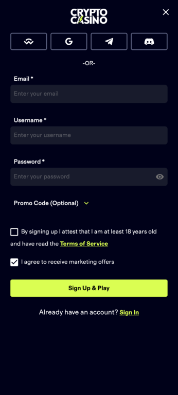 CryptoCasino registration form showing wallet connect options (WalletConnect, Google, Telegram, Discord) and traditional email signup with promo code field
