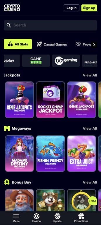 CryptoCasino slots section displaying game categories including Jackpots (Genie Jackpots, Rocket Chimp), Megaways (Madame Destiny, Fishin' Frenzy), and Bonus Buy slots