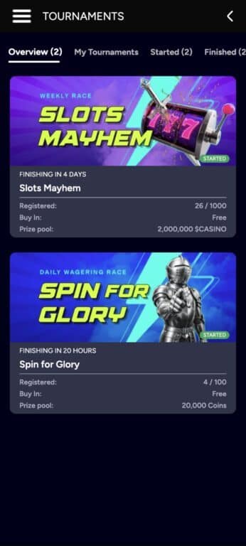 CryptoCasino tournaments page showing Slots Mayhem weekly race with 2,000,000 $CASINO prize pool and Spin for Glory daily wagering race with 20,000 Coins prize pool