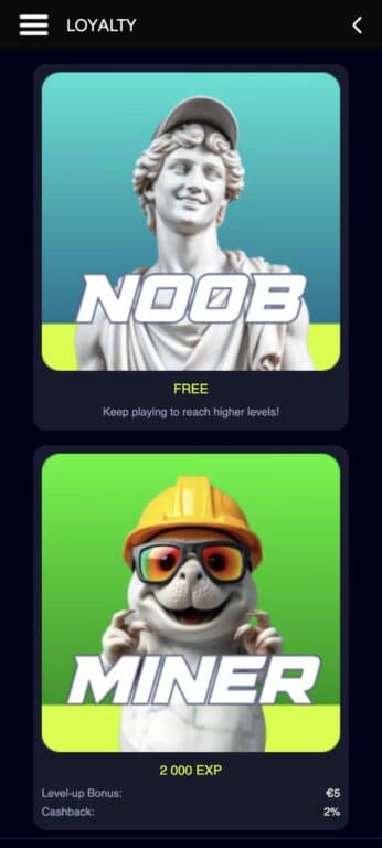 CryptoCasino VIP loyalty program showing Noob starting level (free entry) and Miner level requiring 2,000 XP with €5 level-up bonus and 2% cashback