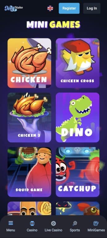 MyStake casino's mini-games section showing proprietary titles including Chicken, Chicken Cross, Dino, Squid Game, and Catchup