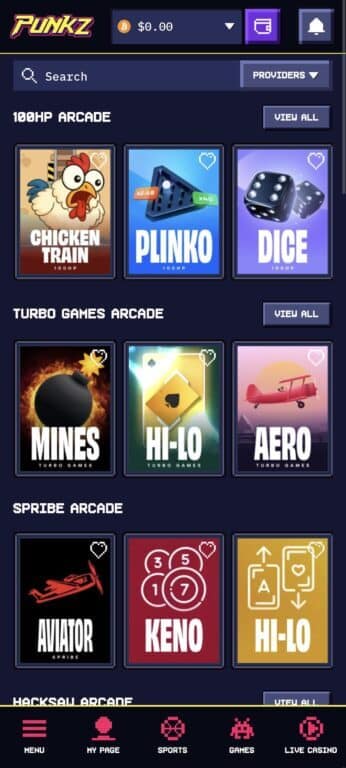 Punkz Casino mobile arcade games page displaying provably fair games organized by provider - 100HP Arcade, Turbo Games Arcade, Spribe Arcade, and Hacksaw Arcade - featuring Chicken Train, Plinko, Dice, Mines, Hi-Lo, Aviator, and Keno
