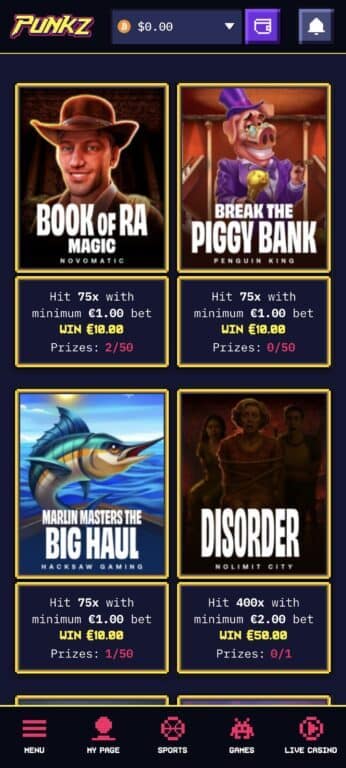 Punkz Casino mobile challenges page displaying game-specific multiplier challenges with instant wager-free prizes - Book of Ra Magic, Break the Piggy Bank, Marlin Masters the Big Haul, and Disorder with prizes ranging from €10 to €50 and limited availability shown as claimed prizes out of total pool