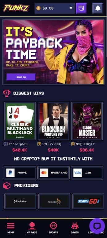 Punkz Casino mobile homepage showing cashback promotion, biggest wins leaderboard, crypto purchase options, and game providers including Evolution, Pragmatic Play, and Play'n GO
