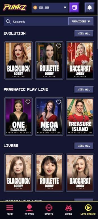 Punkz Casino mobile live casino page showing live dealer games organized by provider - Evolution, Pragmatic Play Live, and Live88 - featuring blackjack, roulette, and baccarat tables with professional dealers