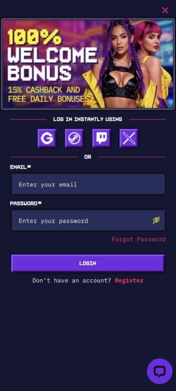 Punkz Casino mobile login page showing 100% welcome bonus with 15% cashback promotion, instant login options via Google, Telegram, Twitch, and Twitter/X, plus traditional email and password login fields with forgot password link and register option