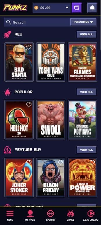 Punkz Casino mobile slots page showing New releases, Popular slots, and Feature Buy categories with games from Endorphina, Hacksaw Gaming, Novomatic, Shady Lady, and Penguin King providers