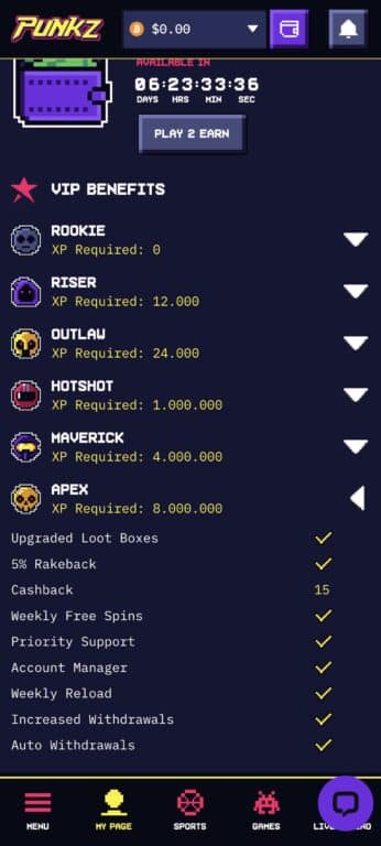 Punkz Casino mobile VIP benefits page showing six tier levels from Rookie to Apex with XP requirements and perks including upgraded loot boxes, 5% rakeback, 15% cashback, weekly free spins, priority support, account manager, weekly reload, increased withdrawals, and auto withdrawals