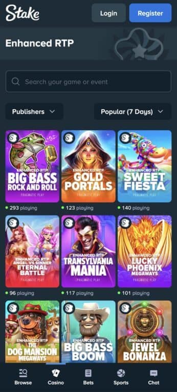 Stake casino's Enhanced RTP game collection showing Pragmatic Play slots with higher payout percentages including Big Bass, Sweet Bonanza, and Gates of Olympus