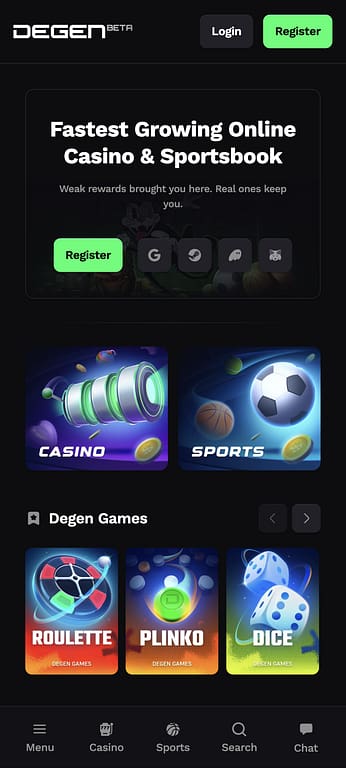 Degen.com mobile homepage showing Casino and Sports sections with Degen Games including Roulette, Plinko and Dice