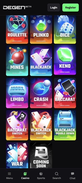 Degen Games section on mobile showing all 14 provably fair originals including Roulette, Plinko, Dice, Mines, Blackjack, Keno, Limbo, Crash, Baccarat, Baccarat Switch, Blackjack Switch, Blackjack Double Down, War, and Coming Soon
