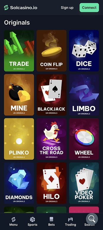 Screenshot of Solcasino.io mobile app showing the Originals games lobby with 12 game tiles including Trade, Coin Flip, Dice, Mine, Blackjack, Limbo, Plinko, Cross the Road, Wheel, Diamonds, HiLo, and Video Poker.