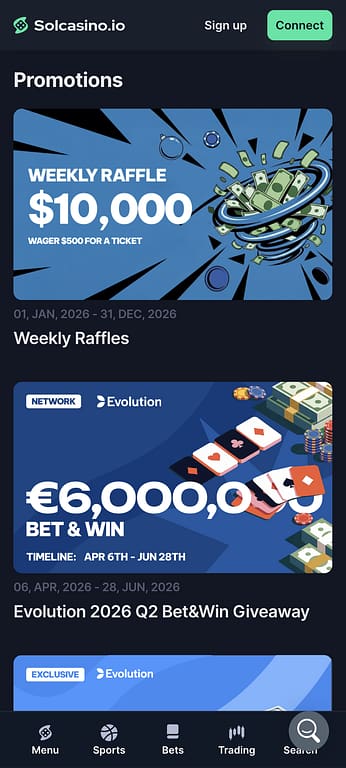 Screenshot of Solcasino.io mobile promotions page showing a $10,000 Weekly Raffle running throughout 2026, and an Evolution Network €6,000,000 Bet & Win Giveaway running April 6 to June 28, 2026, with a third exclusive Evolution promotion partially visible.