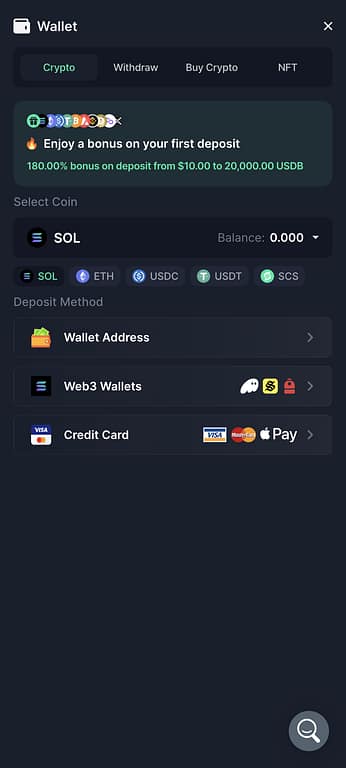 Screenshot of Solcasino.io mobile wallet deposit screen showing a 180% first deposit bonus up to 20,000 USDB, with SOL selected as the coin and three deposit methods available: Wallet Address, Web3 Wallets, and Credit Card via Visa, Mastercard, and Apple Pay.
