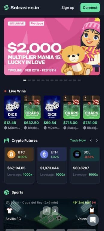 Solcasino.io mobile homepage showing Multiplier Mania 15 promotion, live wins feed with dice and craps games, crypto futures trading section displaying BTC/ETH/SOL with 1000x leverage, and live sports betting interface showing Sevilla FC vs Valencia match