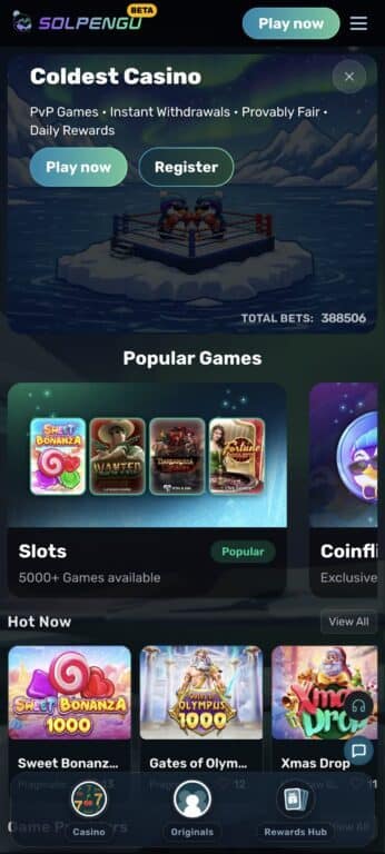 Solpengu mobile casino homepage showing beta label, coldest casino popup with PvP games promotion, total bets counter at 388506, and popular slots including Sweet Bonanza 1000 and Gates of Olympus