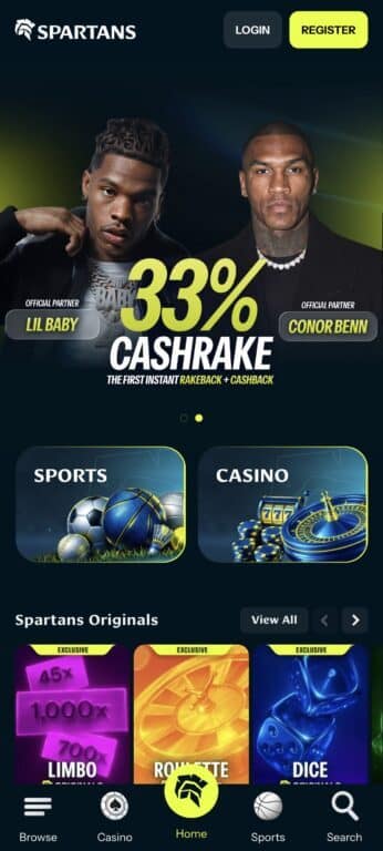 Spartans Casino mobile homepage showing Lil Baby and Conor Benn as official partners promoting 33% CashRake offer with sports and casino game options