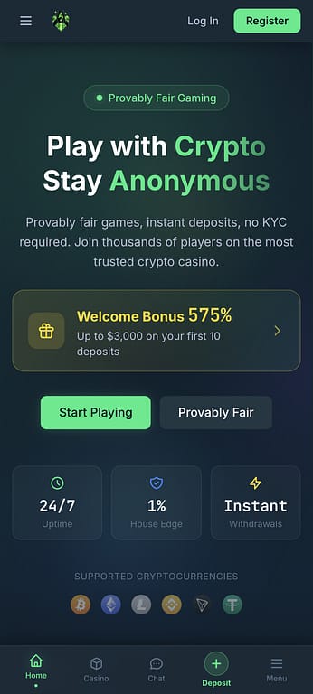 AnonGame.io mobile homepage showing the welcome screen with "Play with Crypto, Stay Anonymous" headline, 575% welcome bonus up to $3,000, provably fair gaming badge, and supported cryptocurrency icons including BTC, ETH, LTC, and USDT
