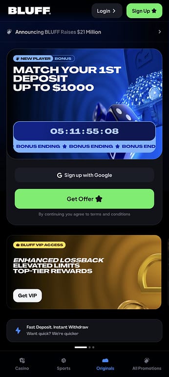 Bluff Casino mobile homepage showing the $1,000 welcome deposit match bonus and VIP access promotion