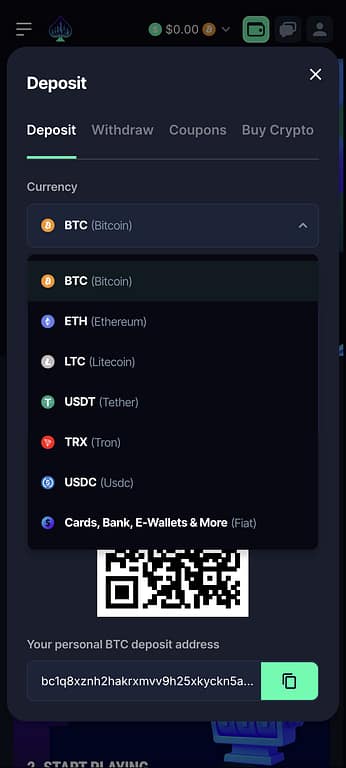 Screenshot of DegenCity.com mobile deposit modal showing a cryptocurrency currency selector expanded with options for BTC (Bitcoin), ETH (Ethereum), LTC (Litecoin), USDT (Tether), TRX (Tron), USDC, and Cards/Bank/E-Wallets for fiat, along with a personal BTC deposit address QR code.