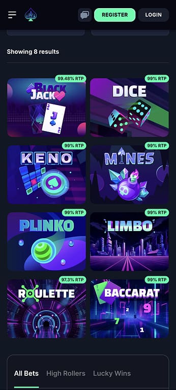 Screenshot of DegenCity.com mobile casino games lobby showing 8 results with RTP percentages displayed on each tile: Blackjack (99.48%), Dice (99%), Keno (99%), Mines (99%), Plinko (99%), Limbo (99%), Roulette (97.3%), and Baccarat (99%), all with a dark neon-themed design.